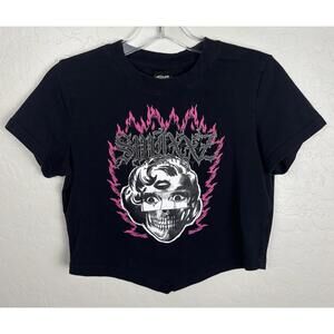 SWIXXZ Maggie Lindemann‎ Black Graphic Crop Top 3 Eyed Skull Pink Flames L 1749